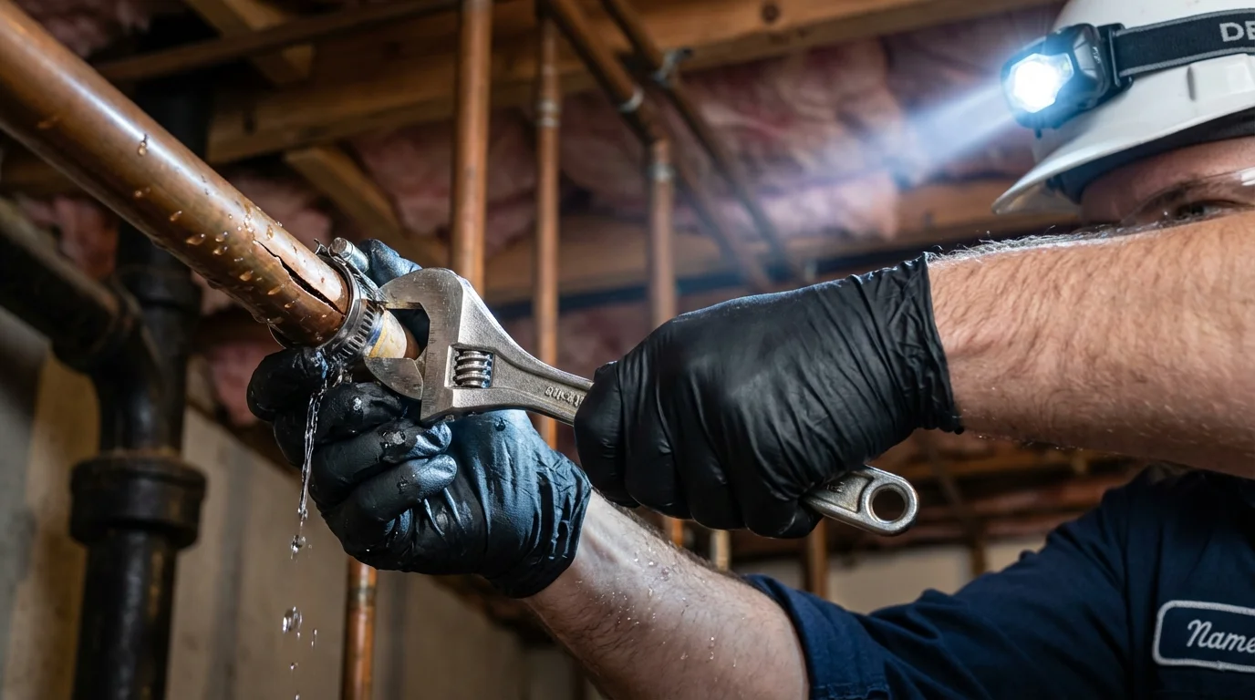 Emergency pipe clamp repair being performed by a Johns Plumbing LLC plumber in Newport