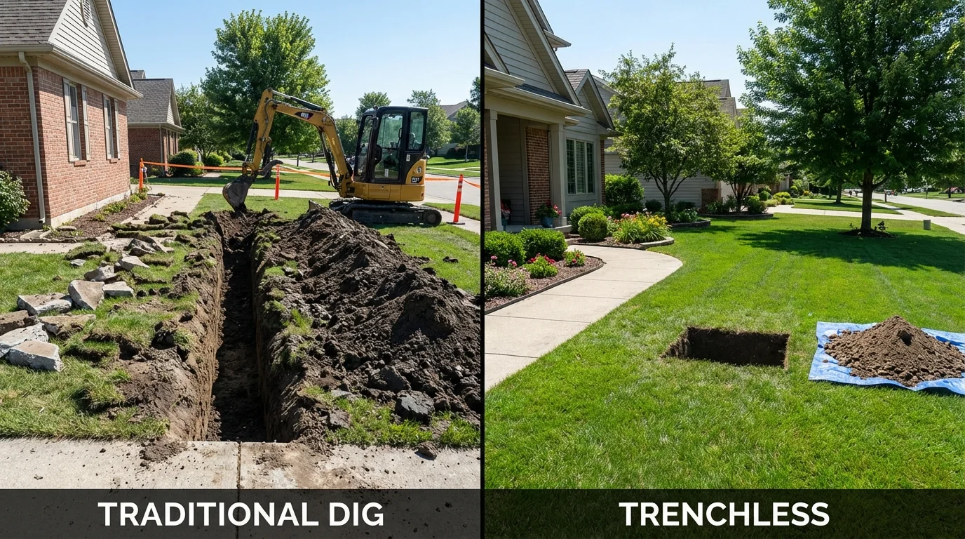 Trenchless sewer repair with minimal yard damage versus traditional excavation in Newport, MN