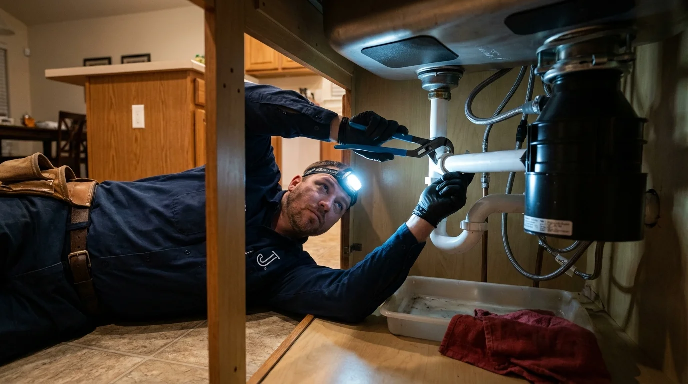P-trap and supply line connections under a kitchen sink showing a common leak point in Newport, MN